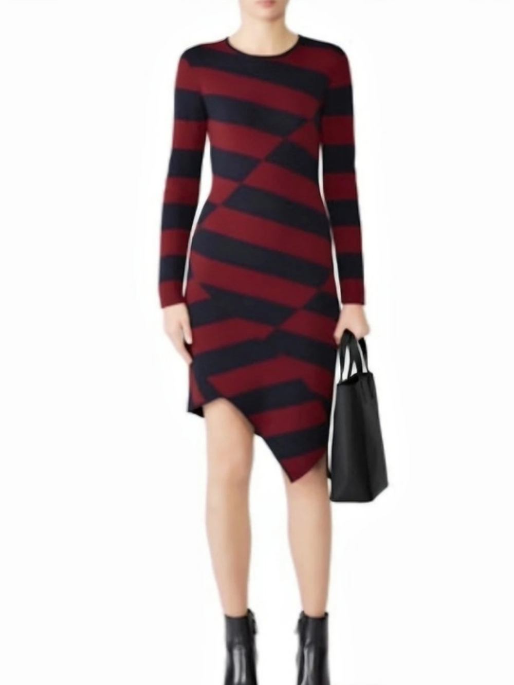 Slate & Willow Asymmetrical Knit Striped Dress in Red & Navy Size Medium